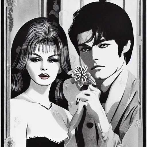 Prompt: 1 9 6 0 s symmetrical pretty elegant brigitte bardot as a vampire with alain delon, very detailed intricate intaglio, style of takato yamamoto lots of flowers