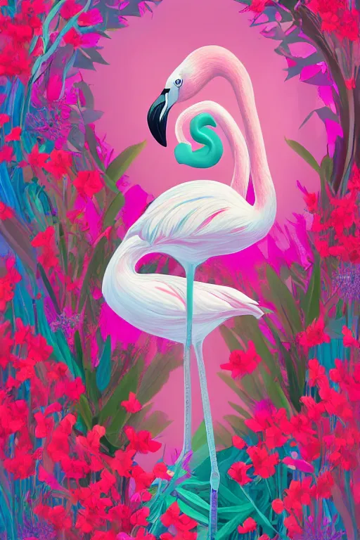 Prompt: beautiful flamingo surrounded by vibrant flowers and twigs, highly detailed art, smooth, dreamy, matte finish, digital painting, trending on artstation, 4 k, 8 k