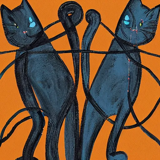 Image similar to abstract expressionist detailed matte illustration of two intertwined cats in the style of Kandinksy