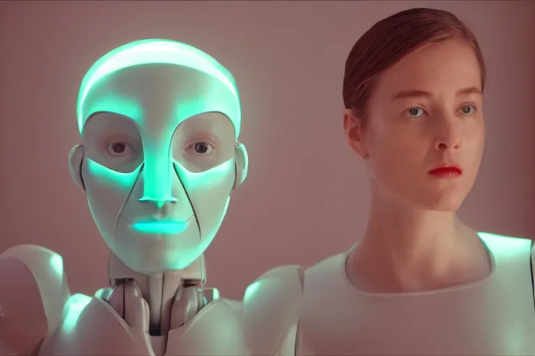 Prompt: VFX movie of a futuristic robot portrait in living room, beautiful natural skin neon lighting by Emmanuel Lubezki