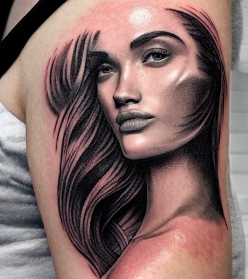 Image similar to tattoo design sketch of a beautiful woman face with a faded background of beautiful mountains and nature on her side, hyper - realistic, in the style of den yakovlev, amazing detail, black and white