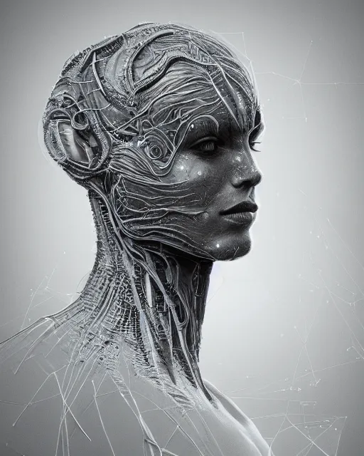 Image similar to an extremely detailed masterpiece head and shoulder portrait of a pleiadean extraterrestrial, in the style of ryan hewett, biometric, detailed, elegant, intricate, trending on artstation, 4 k