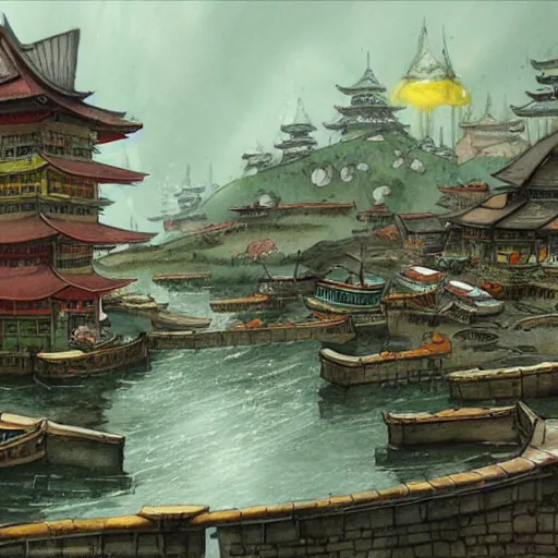 Image similar to sushi city, a detailed matte painting by anton pieck, deviantart contest winner, fantasy art, concept art, official art, matte drawing