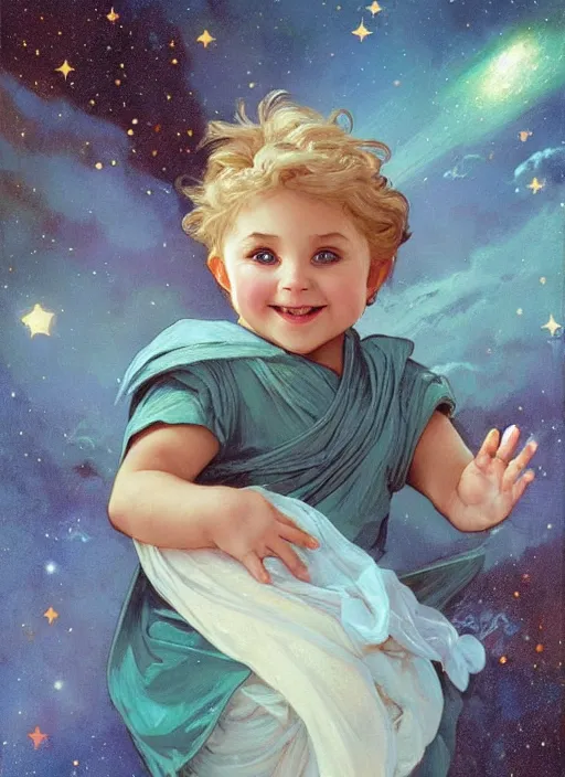 Image similar to a cute little boy with a round cherubic face, blue eyes, and tousled blonde hair smiles as he floats in space with stars all around him. She is wearing a turquoise outfit. Beautiful painting by Artgerm and Greg Rutkowski and Alphonse Mucha