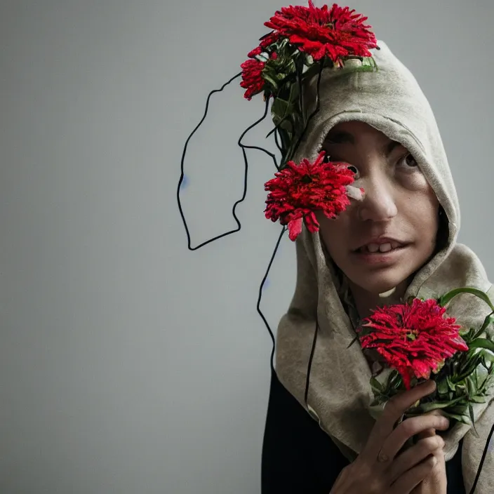 Prompt: a woman wearing a hood made of wire and zinnias, in an abandoned office building, canon eos c 3 0 0, ƒ 1. 8, 3 5 mm, 8 k, medium - format print