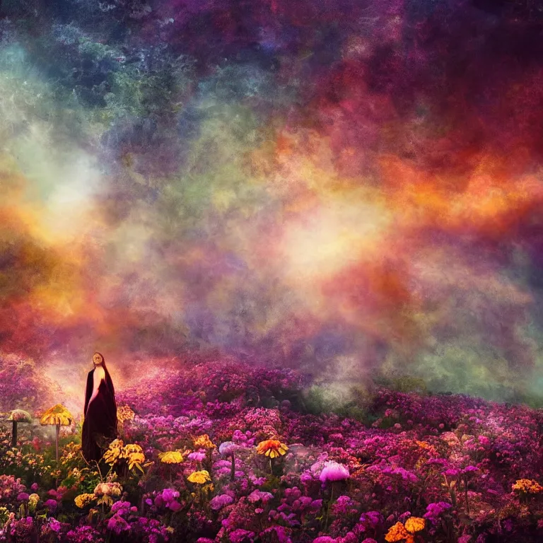 Image similar to a planet of various flowers, fungus and plants, in which the singular human figure is dressed in something magical and impressive, inside the picture is infinity, sunset light, Atmospheric phenomenon, artistic photography, muted colors, conceptual, long exposure outside the city, volumetric light