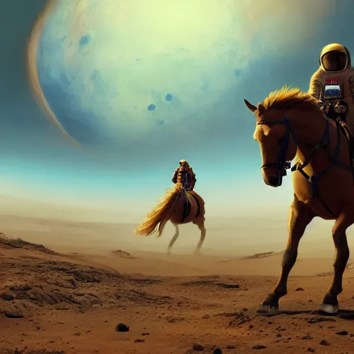 Prompt: centered portrait of the astronaut riding a horse in Mars, realistic character concept, high fantasy, light atmosphere, golden ratio, wide shot, cinematic lighting, hyperdetailed, high detailed, high resolution, insanely detailed and intricate, artstation, Marc Simonetti, Greg Rutkowski, octane render, unreal engine, 8k