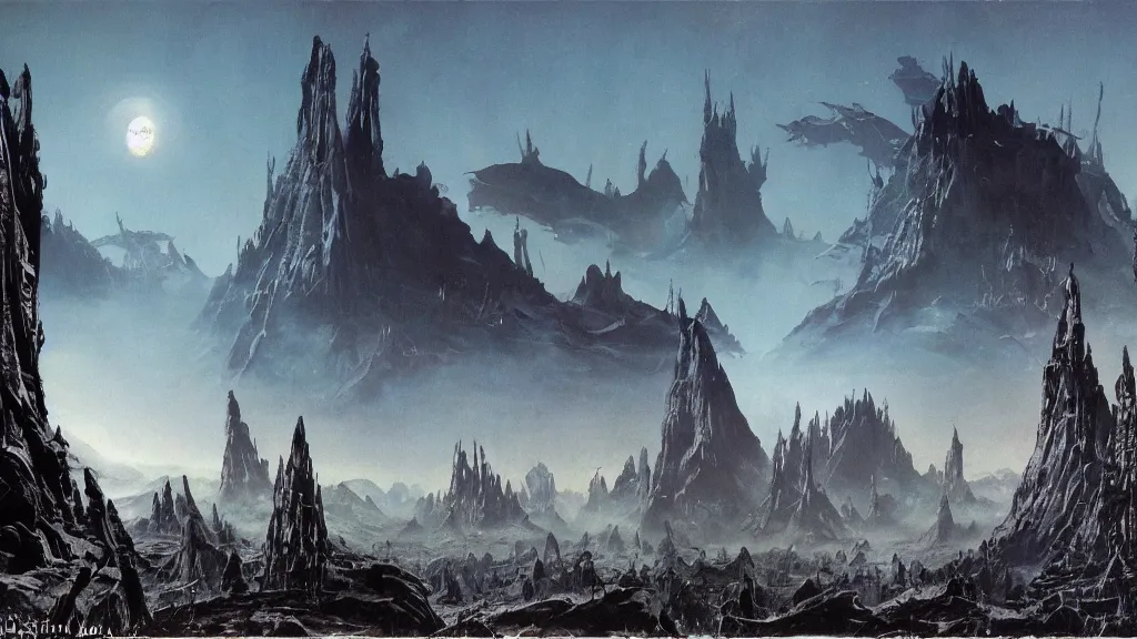 Image similar to surreal eerie alien planet empire by frank frazetta and bruce pennington, cinematic matte painting