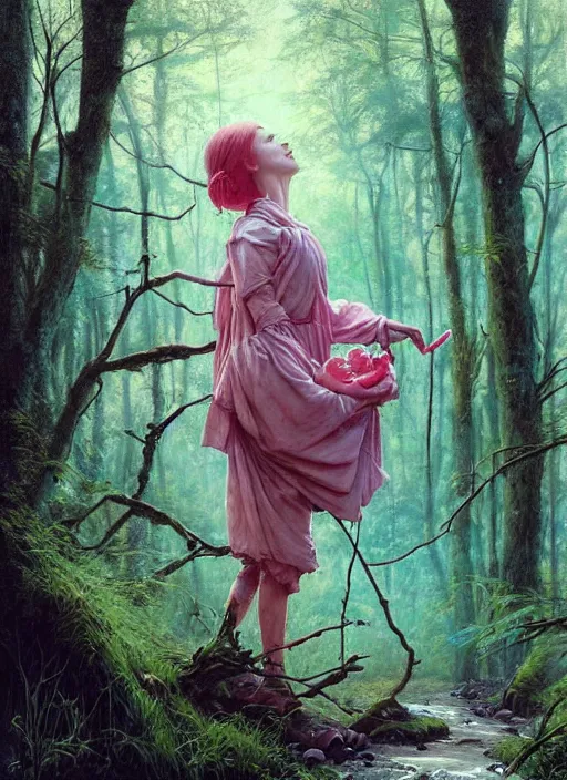 Image similar to bubblegum in the woods by a stream, river gorgeous lighting, lush forest foliage blue sky a hyper realistic painting by chiara bautista and beksinski and norman rockwell and greg rutkowski, tom bagshaw weta studio, and lucasfilm