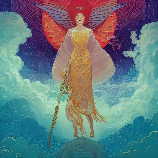 Prompt: an highly detailed illustration of an angel of the sun sol, in the heavens by victo ngai, peter mohrbacher digital art saturated colors