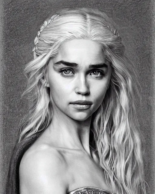 Image similar to pencil drawing of beautiful daenerys targaryen as greek goddess aphrodite with arrowhead jewelry, beautiful piercing eyes, beautiful blonde hair flying in the wind, hyper realistic face, in the style of greg rutkowski, fantasy, amazing detail, epic, elegant, smooth, sharp focus, from the front