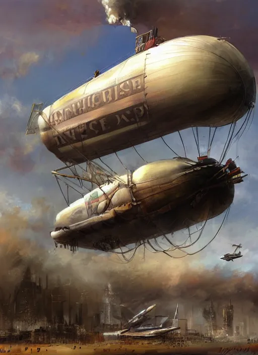 Image similar to steam punk airship painted by raymond swanland