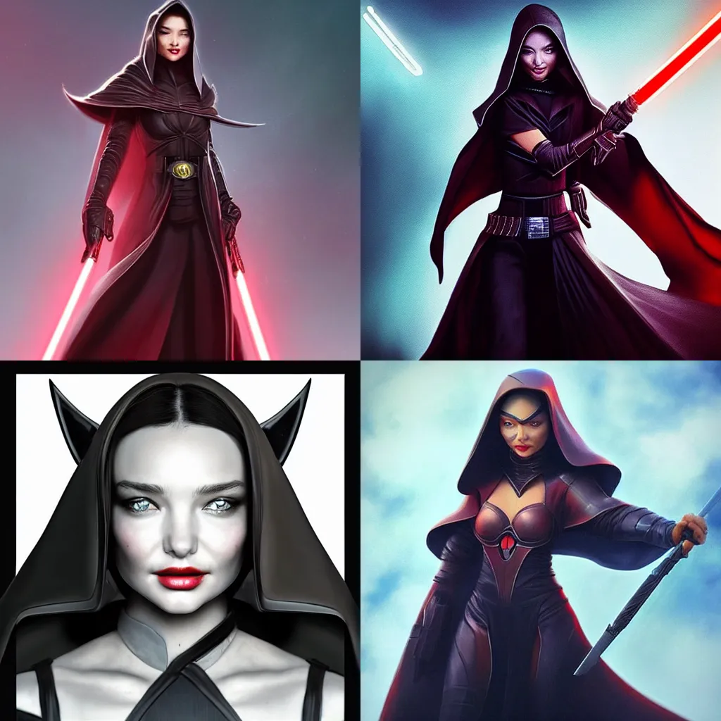 Prompt: “Miranda Kerr as a sith lord in the style of Darren Tan, trending on artstation, 8k, digital art”