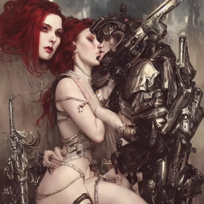 Image similar to portrait of two beautiful pale gothic cyborg maidens kissing, warhammer 40000, cyberpunk, intricate, elegant, highly detailed, digital painting, artstation, concept art, smooth, sharp focus, illustration, art by artgerm and greg rutkowski and alphonse mucha