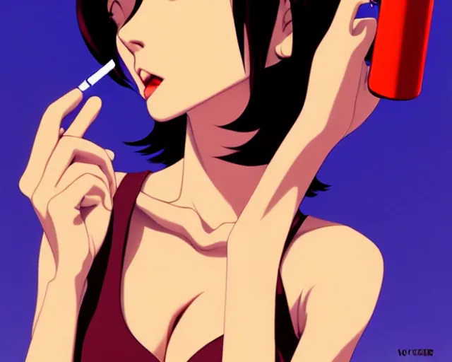 Image similar to faye valentine, smoking a cigarette | very very anime!!!, fine - face, audrey plaza, realistic shaded perfect face, fine details. anime. realistic shaded lighting poster by ilya kuvshinov katsuhiro otomo ghost - in - the - cowboy bebop, shell, magali villeneuve, artgerm, jeremy lipkin and michael garmash and rob rey