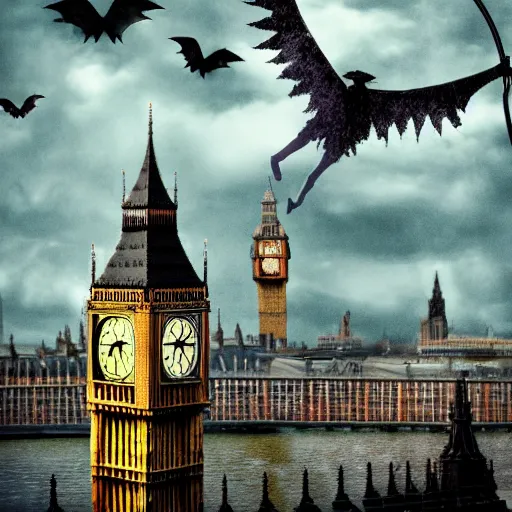 Prompt: A witch flying high in the sky using her broom stick,the Big Ben is in background, top down perspective,gloomy lighting,creepy atmosphere,digital art , highly detailed , high contrast, beautiful lighting, award winning , trending on art station, 8k, photo realistic