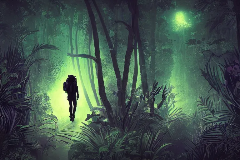 Prompt: high contrast digital art of a surreal dark jungle, astronaut walking, mysterious crazy world, talking creatures, night, fireflies