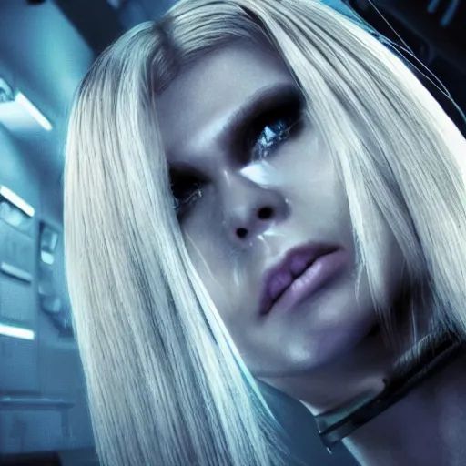 Image similar to panorama of a very pretty blond borg queen on a borg ship, cybernetic implants, perfect face, symmetrical face, moody lighting, shallow depth of field,