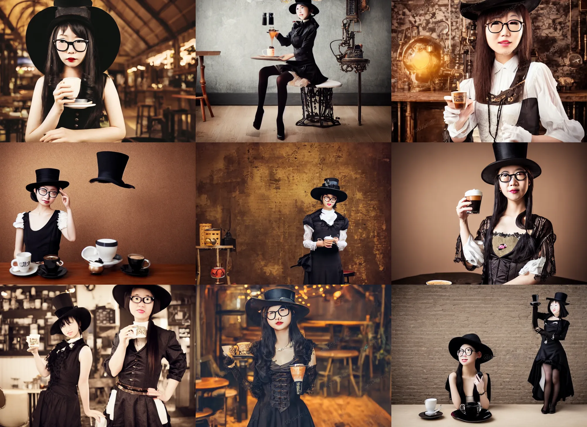 Prompt: full body portrait photo of a cute young japanese woman wearing a elegant gothic dress, open top, wearing a tophat, and glasses. drinking coffee in a steampunk cafe. studio lighting, at night, realism, realitic, ( ( photograph ) )