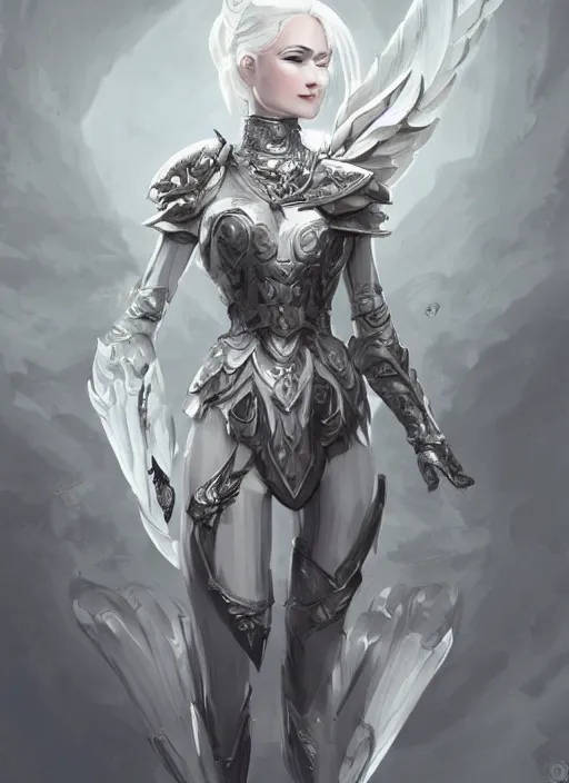 Image similar to a highly detailed illustration of white haired pale lady wearing dieselpunk armor dress with iron wings and blindfold!!!!!!!!!!!!, dramatic floating pose, intricate, elegant, highly detailed, centered, digital painting, artstation, concept art, smooth, sharp focus, league of legends concept art, wlop