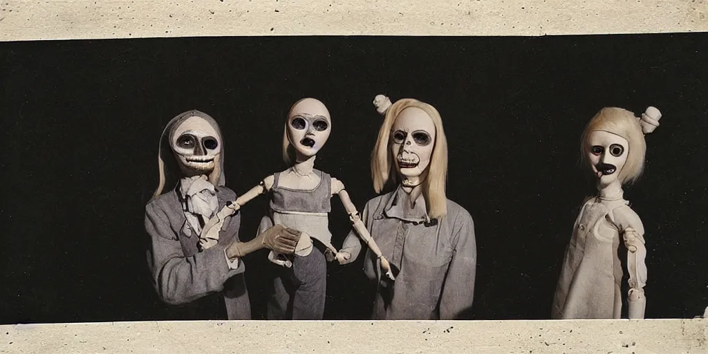 Image similar to 1 9 7 0 s female alive, eerie, creepy masked marionette puppet, unnerving, clockwork horror, pediophobia, lost photograph, dark, forgotten, final photo found before disaster, realistic, family portrait, polaroid,