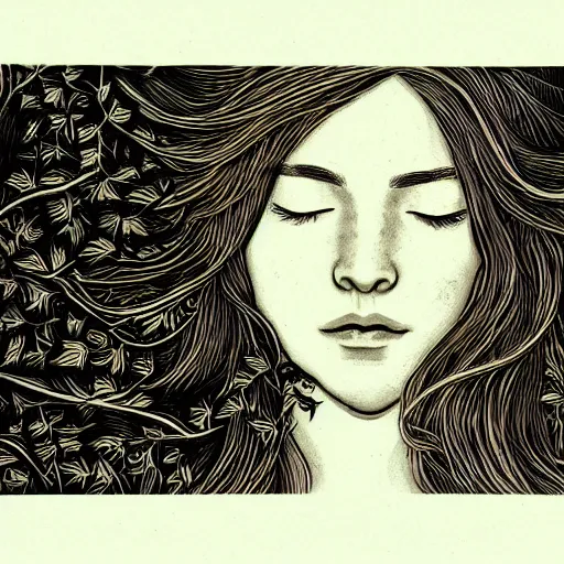 Prompt: Copper engraving of a calm and appeased woman, closing eyes, ivy creeping around her face, artstation, intricate, 8k, award-winning