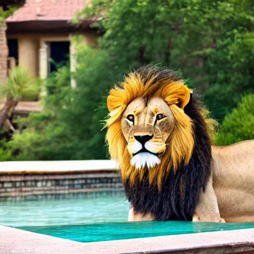 Prompt: a very detailed photo of a lion ( smoking a cigar ) outside the mansion by the pool