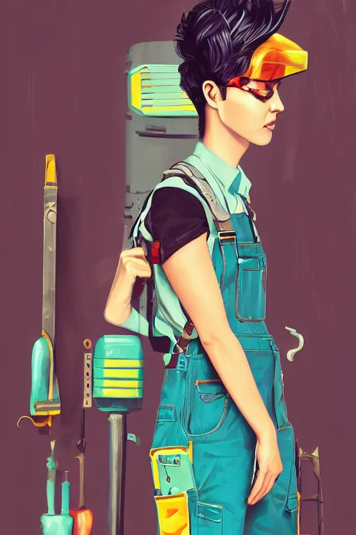 Prompt: a beautiful androgynous punk girl with short turquoise hair who is a mechanic wearing overalls with a utility nag and holding a wrench, digital illustration, digital concept art, digital painting, decorative background, trending on artstation