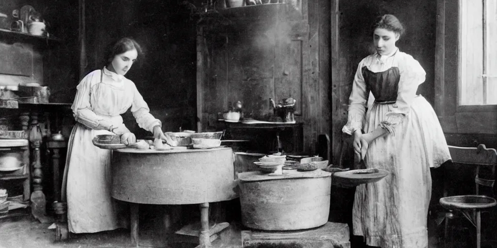 Image similar to a young edwardian woman baking bread in a cozy french kitchen