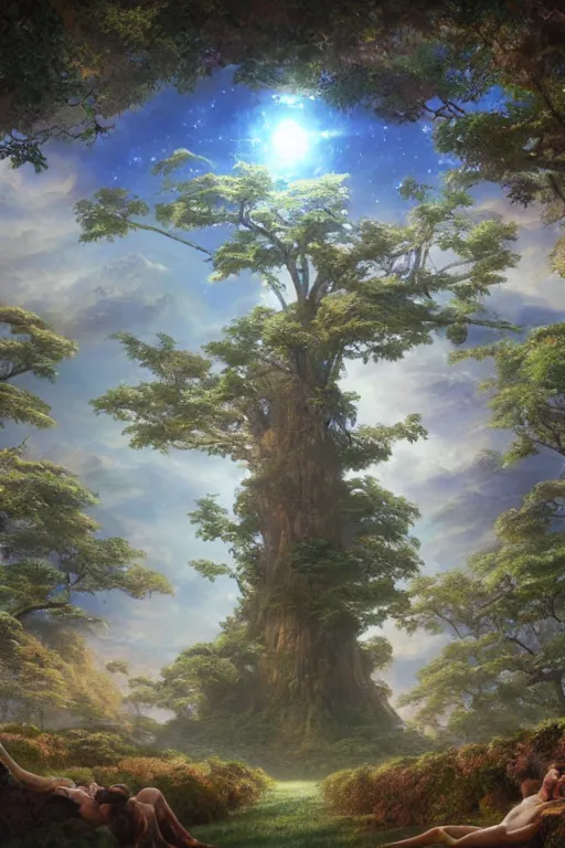 Prompt: tree of four seasons, volymetric light, highly detailed matte painting, noriyoshi ohrai, charlie bowater, mark brooks