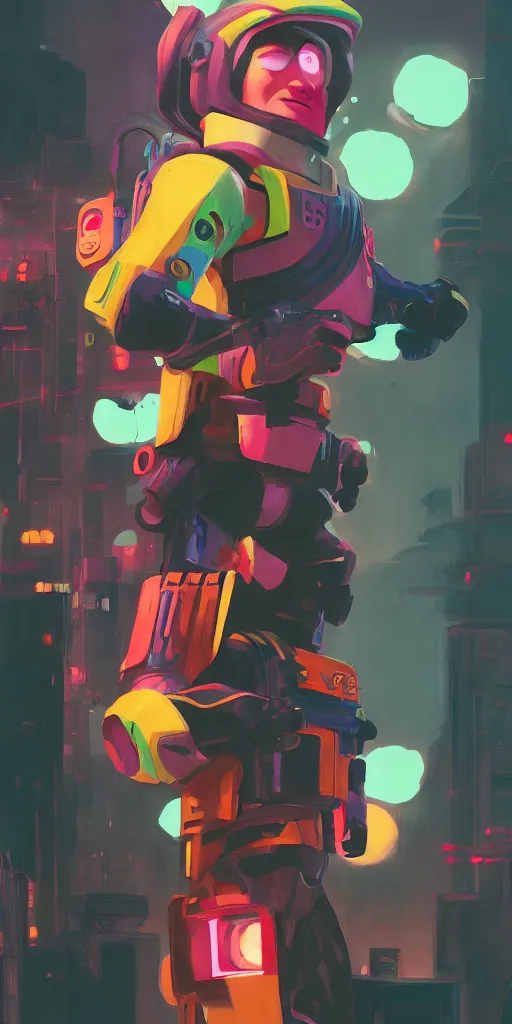 Image similar to a colorful comic noir illustration painting of a cyberpunk buzz lightyear by sachin teng and sergey kolesov and ruan jia and heng z. hyper detailed. octane render. trending on artstation