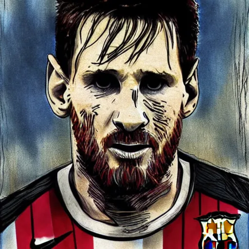 Prompt: messi, walking dead cover art, art by stephen bliss