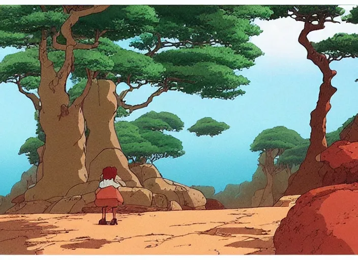 Prompt: pleasing appealing smooth flat rocky environment sunningrocks by the river's shore, forest clearing, still placid environment matte painting from studio ghibli and the fox and the hound ( 1 9 8 1 )