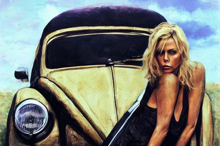 Prompt: beautiful i charlize theron with long blonde hair locks holds over its head old volkswagen beetle, oil on canvas, naturalism