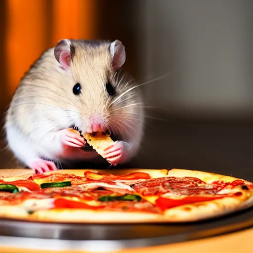 Image similar to detailed photo of a hamster eating pizza, various poses, full body, daylight, 8 k