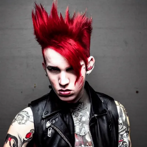 Image similar to young man with a red dyed mohawk, dressed in punk clothing, punk style, crustpunk, portrait photo, attractive, handsome