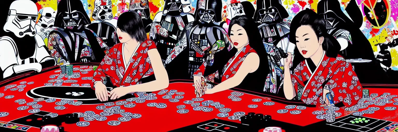 Image similar to hyperrealism composition of the detailed woman in a japanese kimono sitting at an extremely detailed poker table with darth vader and stormtrooper, fireworks on the background, pop - art style, jacky tsai style, andy warhol style, acrylic on canvas