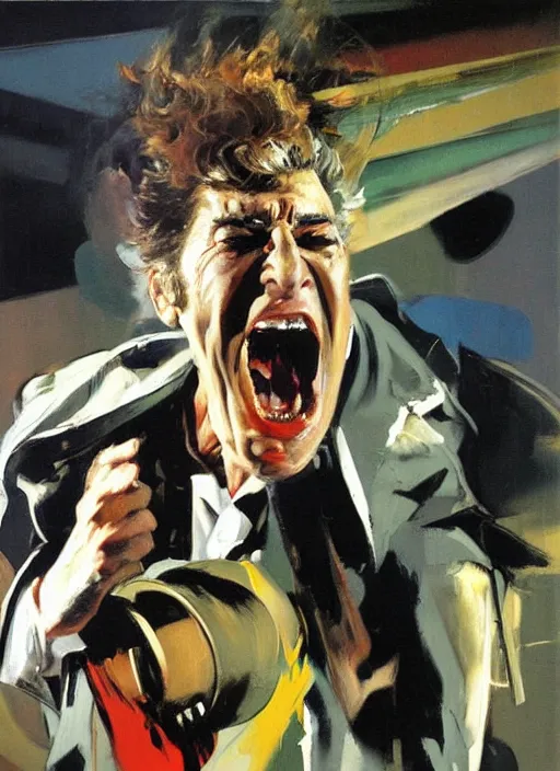 Image similar to 'kramer on stage screaming, enraged, painting by phil hale, 'action lines'!!!, graphic style, visible brushstrokes, motion blur, blurry