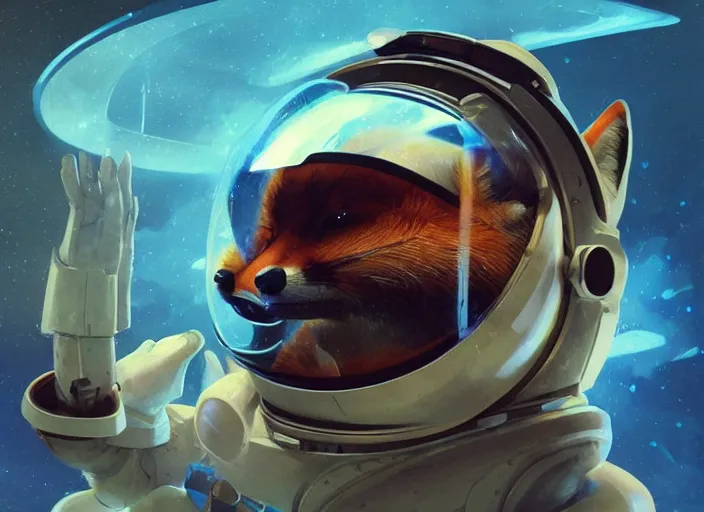 Image similar to An anthropomorphic fox as a retrofuturistic astronaut, helmet with led lights, underwater in the ocean at night, clear water, volumetric lighting, glowing lights, 4k, octane, digital painting, artstation, concept art, cinematic film, sharp focus, illustration, art by artgerm and greg rutkowski and alphonse mucha , wide angle view,