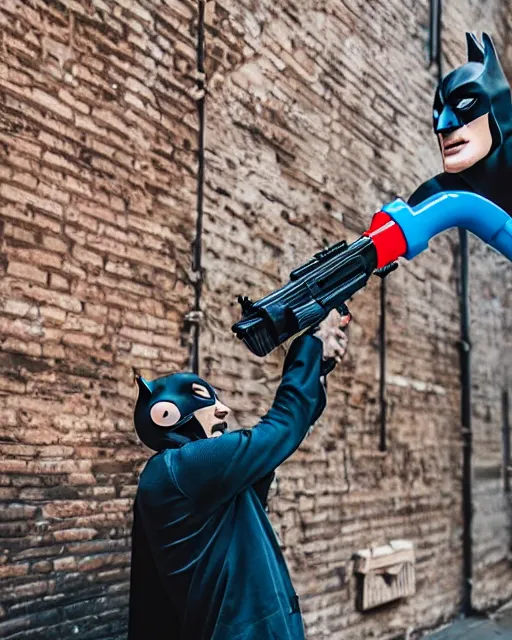 Image similar to happy batman firing super soaker water gun at playful criminals in an alleyway, everyone having fun, product advertisement, photogenic photograph