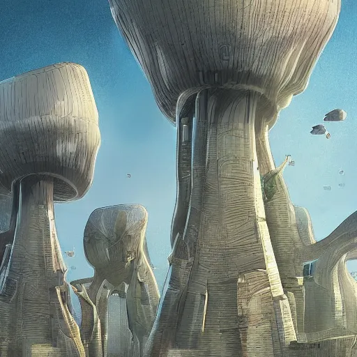 Image similar to scifi mushroom city, modern architecture, concept art