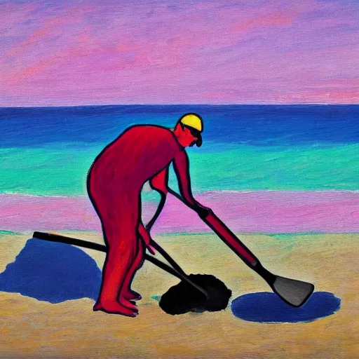 Image similar to a fauvist painting of a man deep in a hole on the beach, with a shovel, after sunset,