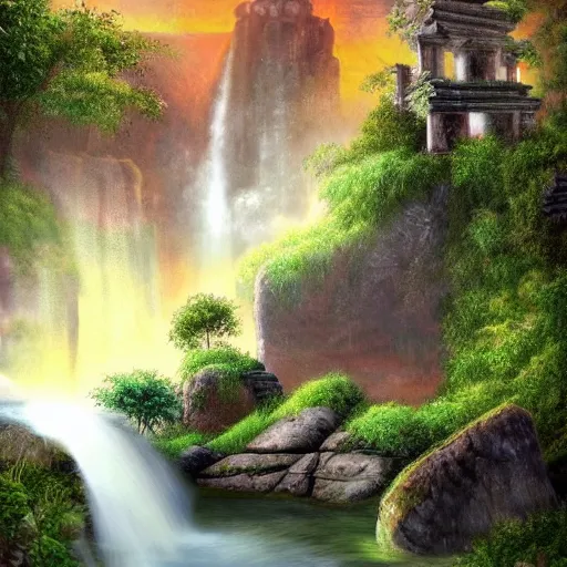 Prompt: temple ruins besides of a waterfall, fantasy art, cinematic
