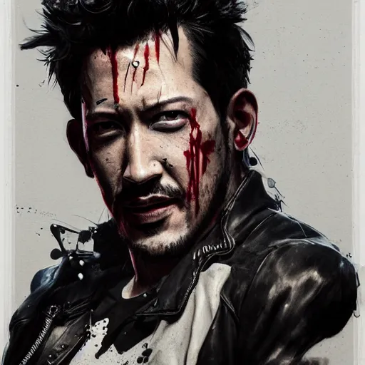 Image similar to portrait of markiplier with an angry expression, blood covering his face, wearing a leather jacket, dramatic lighting, illustration by Greg rutkowski, yoji shinkawa, 4k, digital art, concept art, trending on artstation