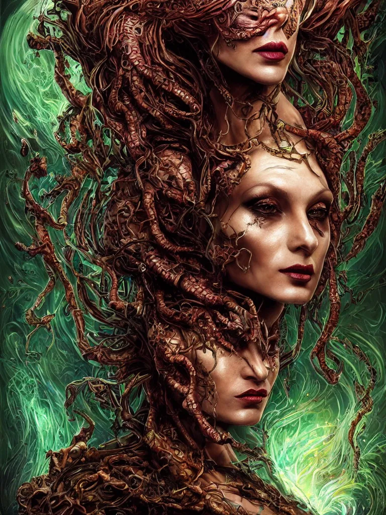 Prompt: single face portrait. complex hyper-maximalist overdetailed cinematic cosmic scifi portrait of an elegant very attractive but wild and dangerous reptilian goddess by andrei riabovitchev, tomasz alen kopera, oleksandra shchaslyva. Omnious intricate. Secessionist portrait illustration. Poison goddes. Slightly Reminds to poison ivy. Focus on face. Artstation. Deviantart. 8k 4k 64megapixel. Rendered by binx.ly.