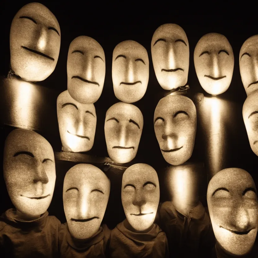 Prompt: 4 man illuminated faces with the eyes closed, in a dark room