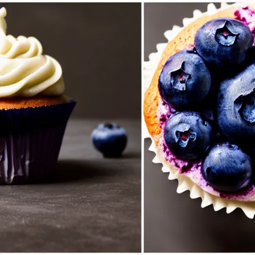 Prompt: blueberry cupcake, photorealistic, 85mm canon lens