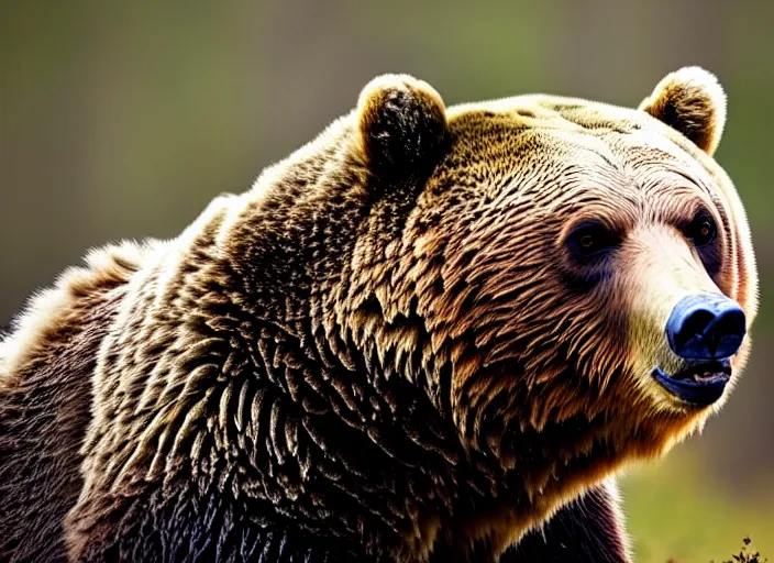 Prompt: an award winning photo of a grizzly bear with an owl's head and beak, full body portrait, forest, 4 k, wildlife photography, high quality, national geographic