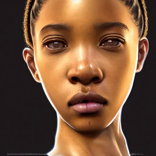 Image similar to a photorealistic hyperrealistic, bright brown eyes, light skinned african young girl, ponytail hair, flawless face, asian eyes, cute face, black turtle neck shirt, by wlop, artgerm, greg rutwoski, alphonse mucha, beautiful dynamic dramatic low - light moody lighting, cinematic atmosphere, artstation, concept design art, octane render, 8 k