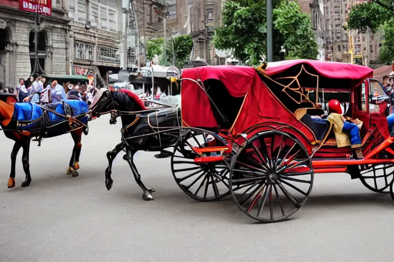 Image similar to spiderman driving a horse & carriage